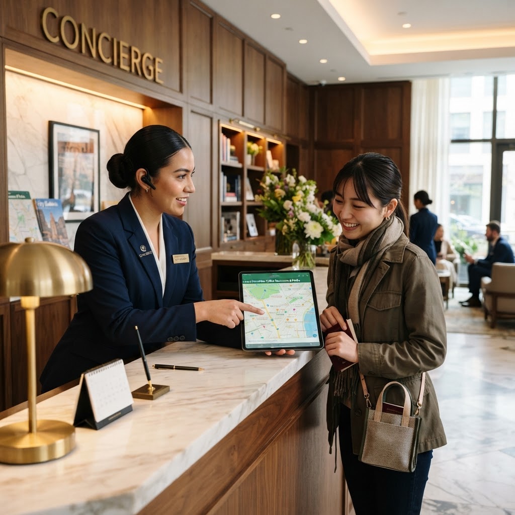 Hotel concierge assisting traveler